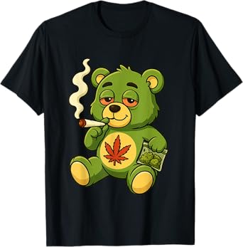 Teddy Bear Funny Weed Smoking Bear with Joint Cannabis Leaf T-Shirt
