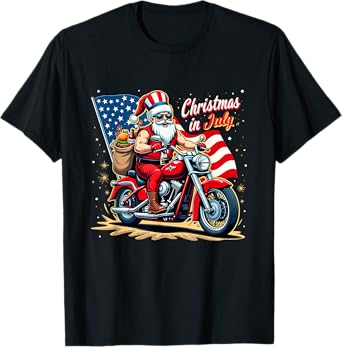 Christmas in July Biker Santa American Funny Summer Holiday T-Shirt