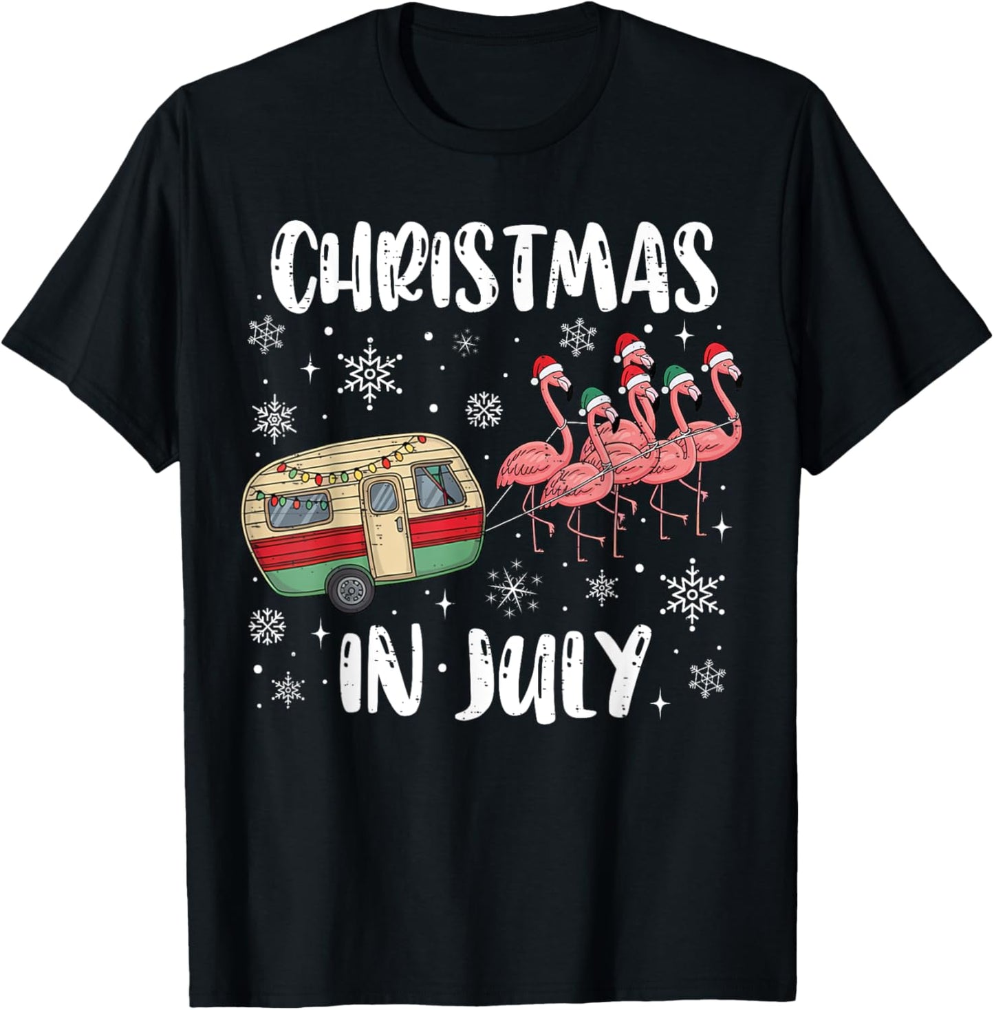 Christmas In July Flamingo Trailer Summer Xmas Camp Camper T-shirt