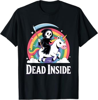 Cute Grim Reaper Rainbow Unicorn Dark Humor Dead Inside T-Shirt