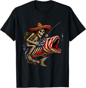 Fishing Mexican Sombrero Bass Fish Skull Skeleton Fisherman T-Shirt