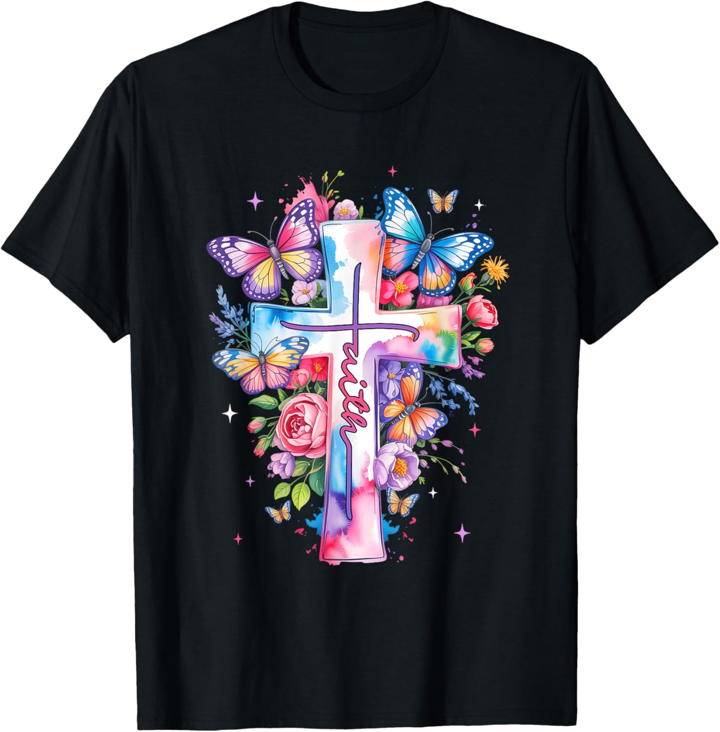 Faith Cross Floral Butterflies Christ Flowers Religious T-Shirt