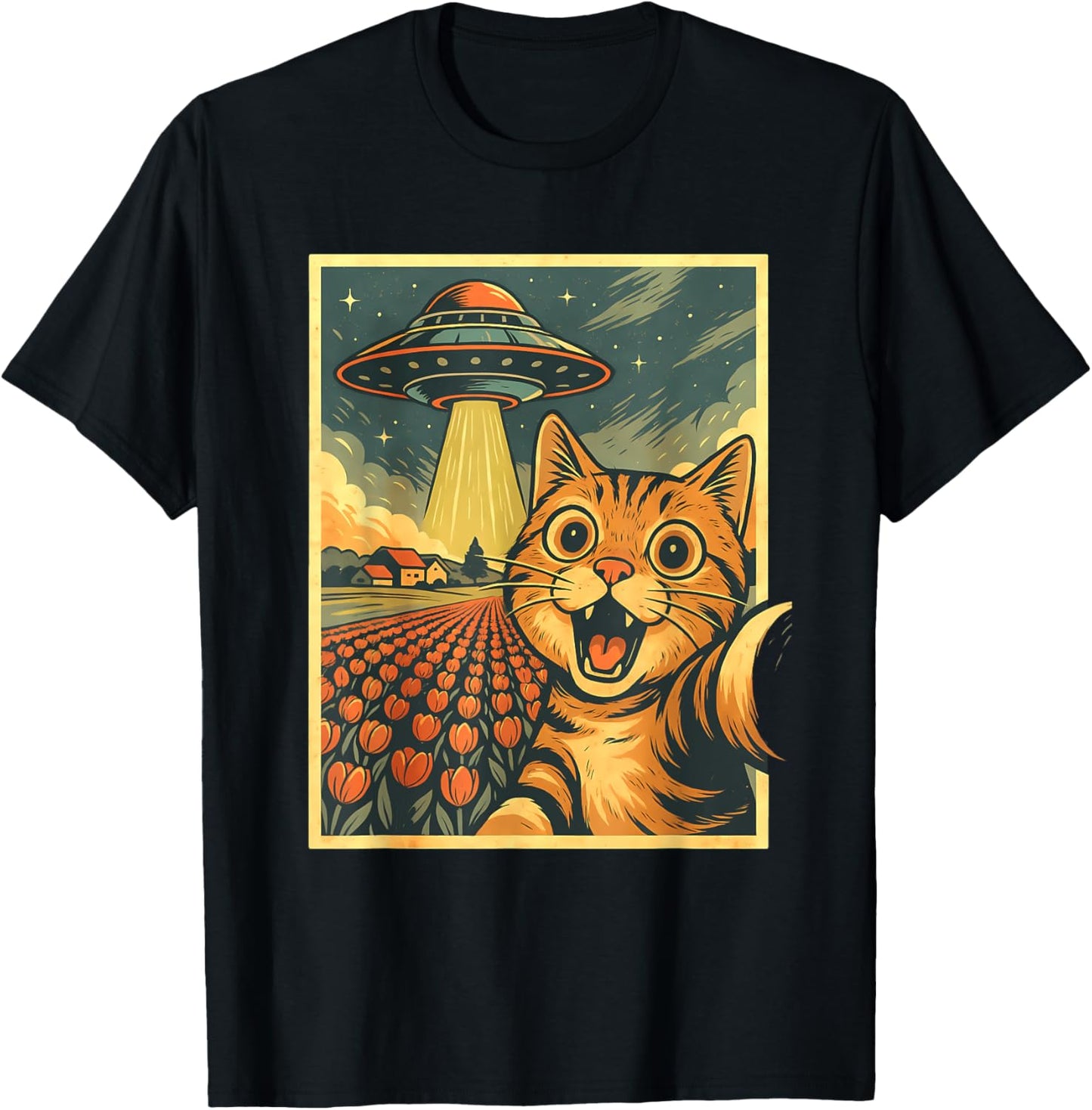 Cat Selfie With Alien Ufo Tulip Funny Anime Kawaii Graphic T-shirt