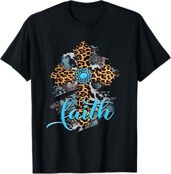 Western Boho Christian Turquoise Leopard Faith Cross Jesus T-Shirt