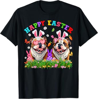 Cute English Bulldog Dog & Bunny Ears Eggs Happy Easter Day T-Shirt for Men Women Girls Kids