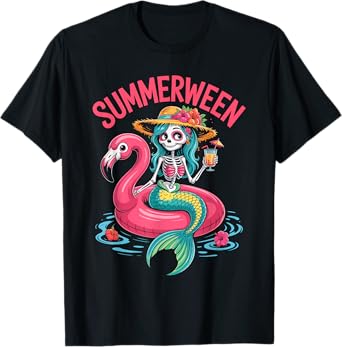 Skeleton Mermaid Flamingo Spooky Summer Party Summerween T-Shirt