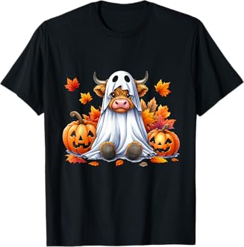 Funny Halloween Highland Cow Ghost Spooky Pumpkin Hello Fall T-Shirt