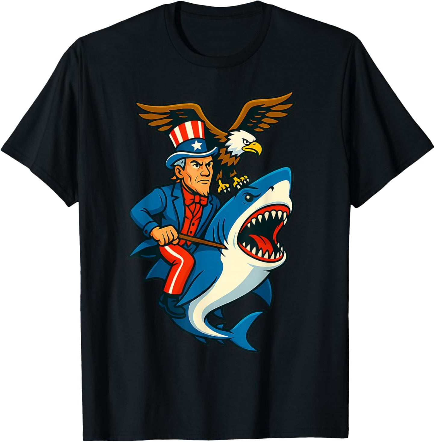 Eagle Uncle Sam Riding Shark 4th of July Patriotic Men Boys T-Shirt