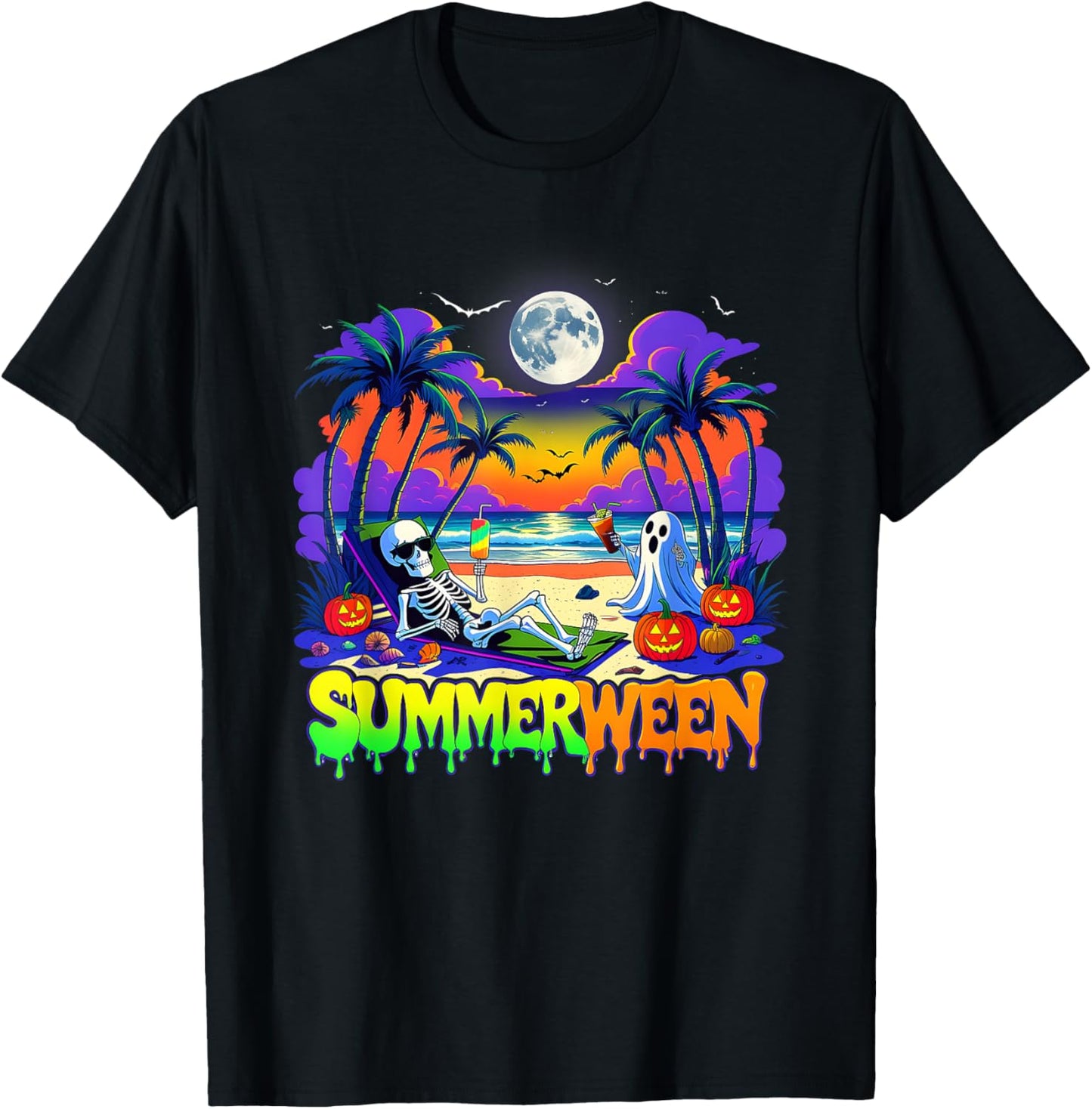 Summerween Skeleton Ghost Beach Funny Spooky Halloween T-shirt