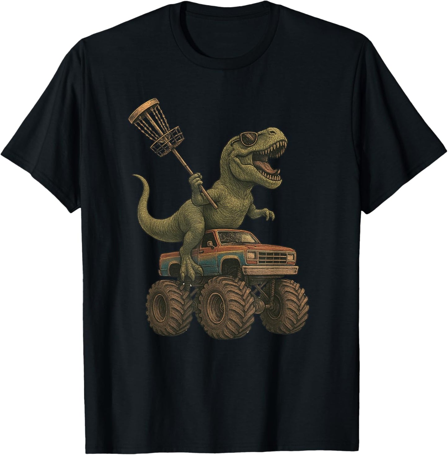 Disc Golf Dinosaur Monster Truck Vintage Funny Disc Golf T-Shirt