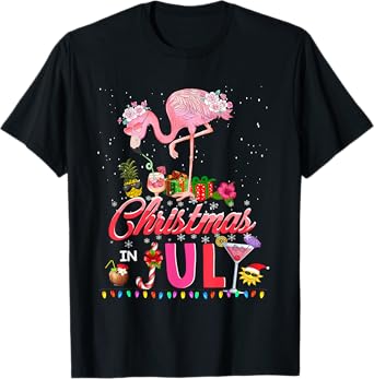 Pink Flamingo in Santa Hat Christmas In July Tees Girl Women T-Shirt