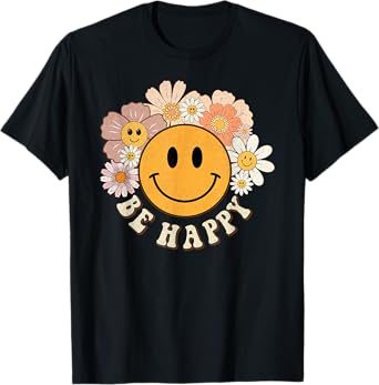 Retro Groovy Be Happy Smile Face Cute Hippie Flowers 70s T-Shirt