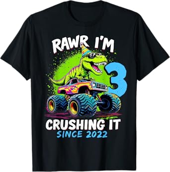 3rd Birthday Monster Truck Dinosaur Party Boys Rawr I'm 3 T-Shirt