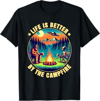 Camping Life Is Better By Campfire Drinking Bigfoot Alien T-Shirt