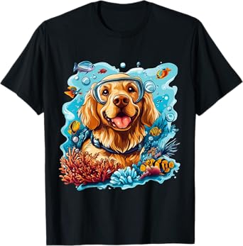 Golden Retriever Dog Scuba Diving Coral Reef Colorful Fish T-Shirt