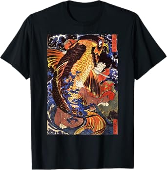 Japanese Art Warrior Fighting The Giant Carp Japanese Fish T-Shirt