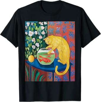 Retro Matisse Cat with Red Fishes Vintage T-Shirt
