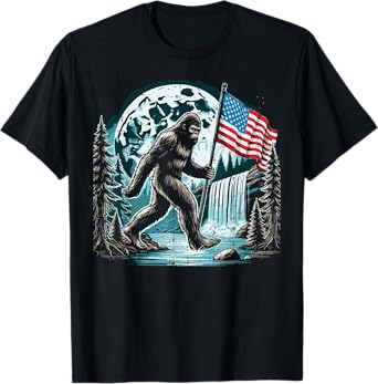 Bigfoot Sasquatch USA Flag Moon Patriotic Men Women Kids T-Shirt