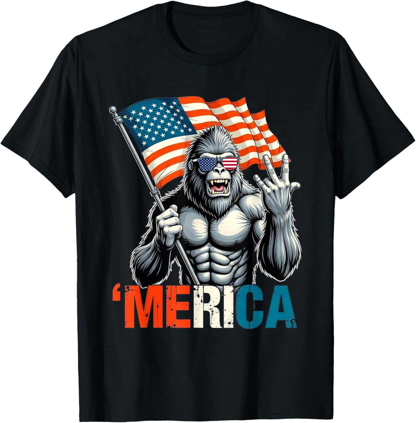 Bigfoot Merica Rock American Flag Patriotic 4th Of July T-shirt