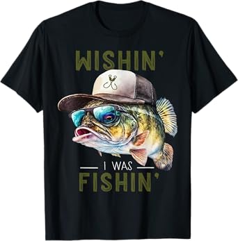 Wishin' Fishing Gift T-Shirt - Unisex Adults & Kids - Black - Short Sleeve - Fishing - Casual - T-Shirt - Size Small