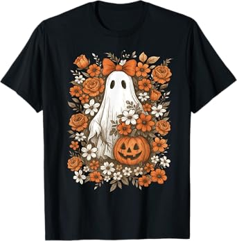 Retro Floral Ghost Cute Pumpkin Autumn Halloween Women Kids T-Shirt