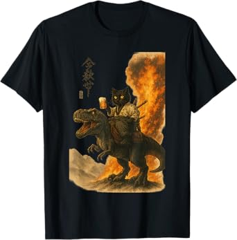 Black Cat Samurai Dinosaur Sea Wave Print T-Shirt