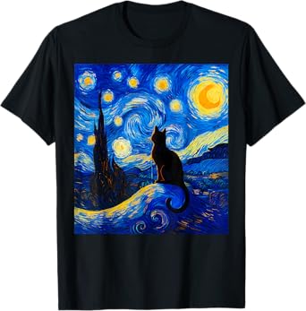 Black Cat on a Starry Night โ Cat Lover Funny Van Gogh T-Shirt