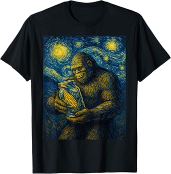 Bigfoot Holding Moonshine Corn Jar Van Gogh's Starry Night T-Shirt