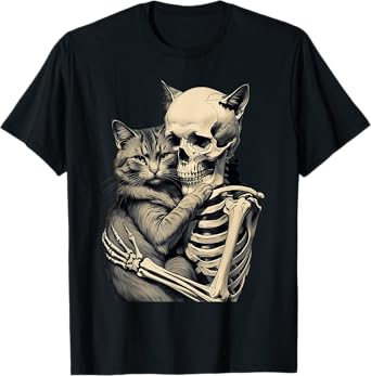 Skeleton Hugging Cat Lover Halloween Tee Funny Apparel T-Shirt