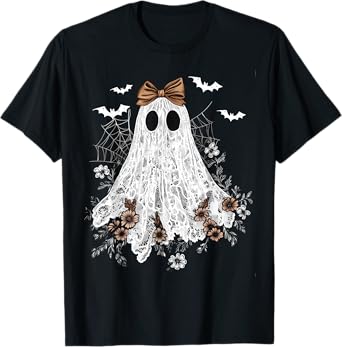 Cute Floral Lace Ghost Boujee Coquette Bow Spooky Halloween T-Shirt