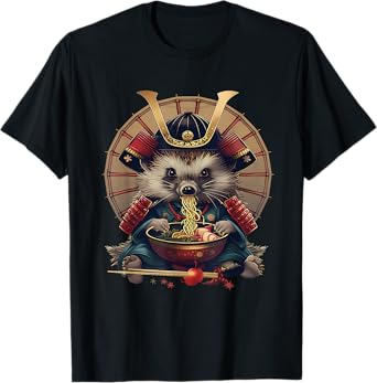 Hedgehog Eating Ramen Samurai Warrior Hedgehog Noodle Art T-Shirt