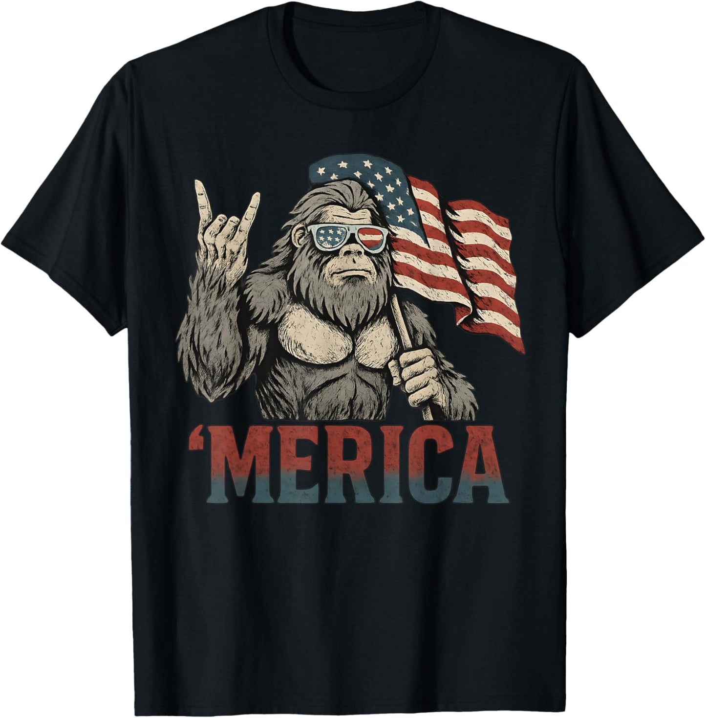 Bigfoot Merica Rock American Flag Patriotic USA 4th Of July T-Shirt