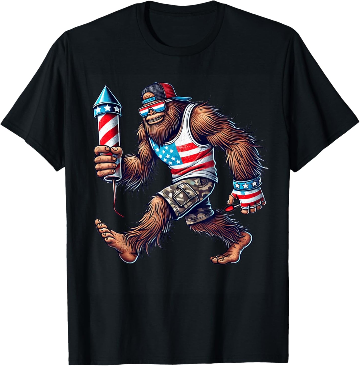 Bigfoot Fireworks 4th of July Men Sasquatch US Flag Men Boys T-Shirt