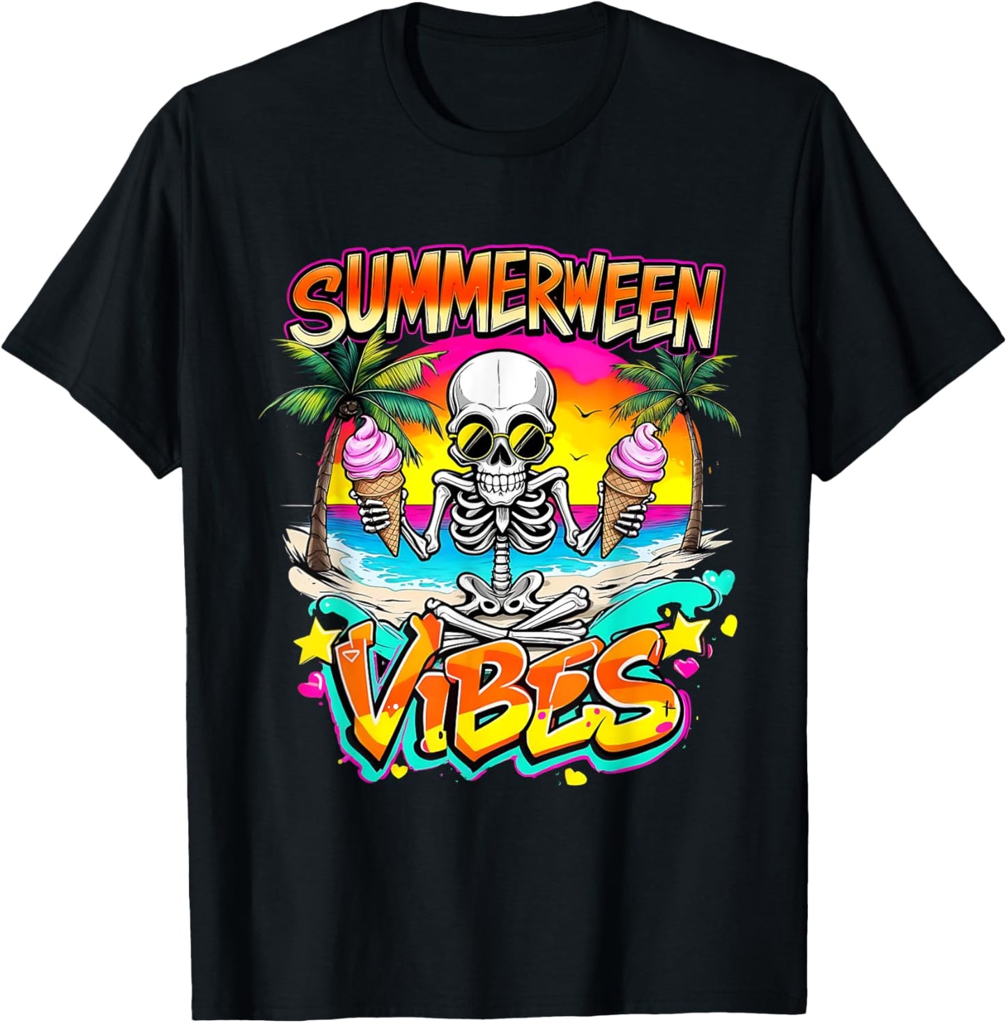 Funny Skeleton Summerween Vibes Floating Pool Ice Cream T-Shirt
