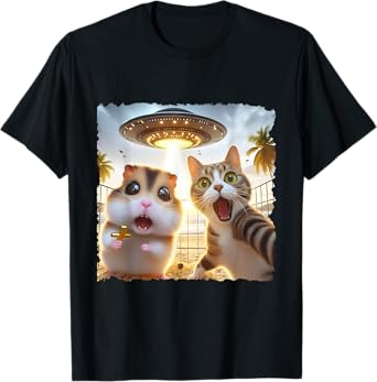 Cat Vacation Cruise Hamster Selfie With Alien Shark Funny T-Shirt for Men Women Kids