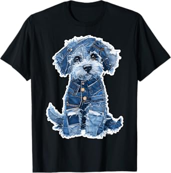 Retro Dog Pattern Denim Patchwork Graphic Art T-Shirt