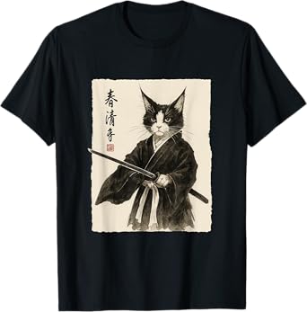 Samurai Cat Vintage Ukiyo-e Warrior Art Graphic Cat Art T-Shirt