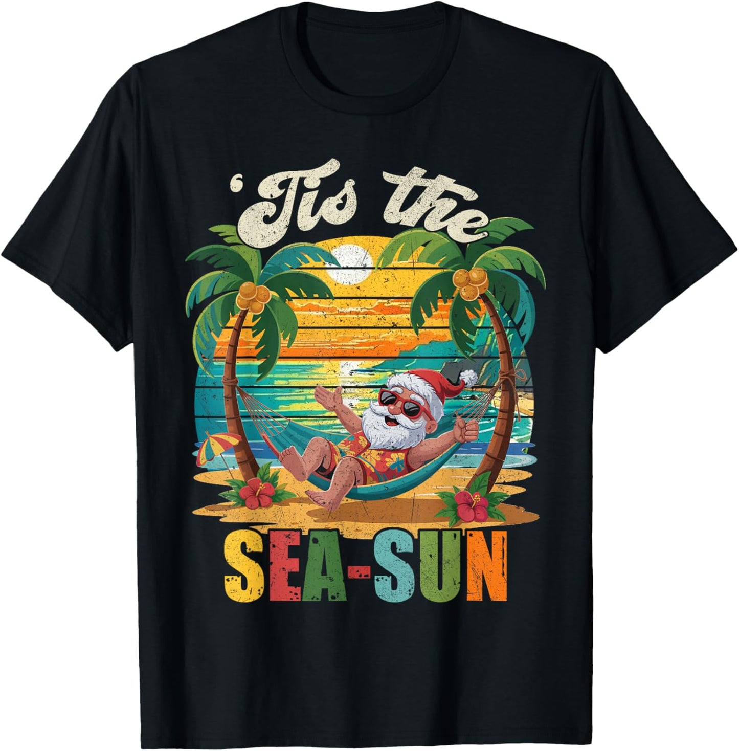 Tis The Sea-Sun Funny Christmas In July Hawaii Santa Beach T-Shirt