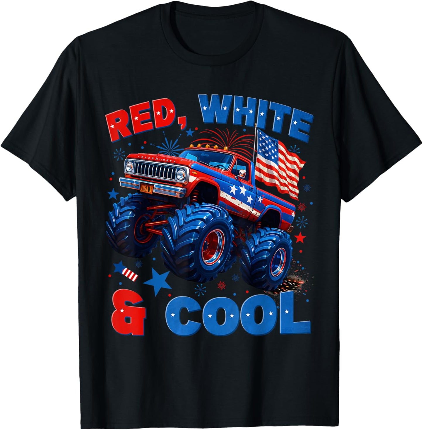 4th Of July Red White And Cool Monster Truck Fireworks Boys T-Shirt