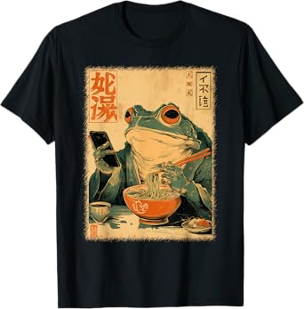 Funny Grumpy Frog Eat Ramen and Scroll Phone Japanese Art T-Shirt