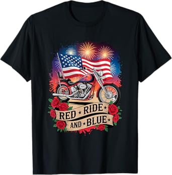 Red Ride & Blue Motorcycle Patriotic USA Biker American Flag T-Shirt