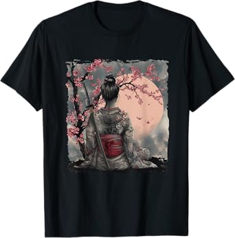 Japanese Geisha Japanese Samurai Girl Sakura Cherry Blossom T-Shirt