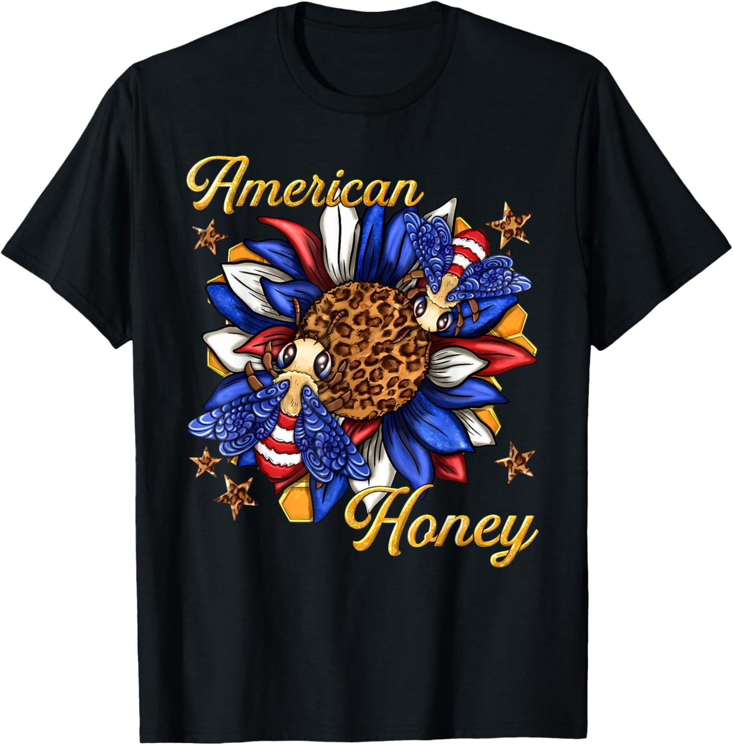 American Honey Bee Sunflower Leopard US Flag 4th Of July T-Shirt