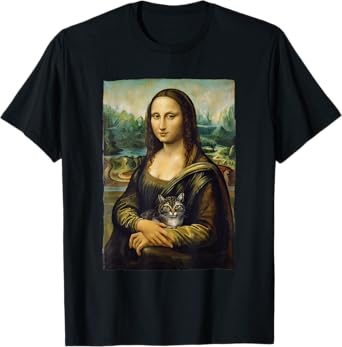 Mona Lisa Holding Grey Cat Portrait Art Painting T-Shirt