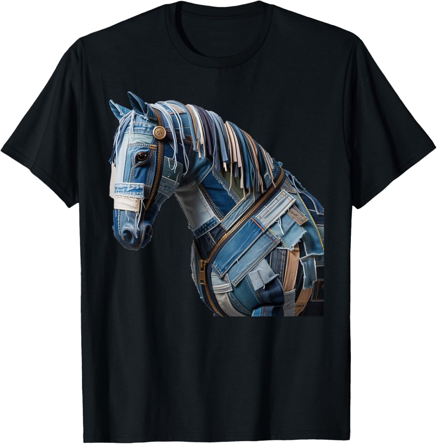 Retro Funny Denim Patch Animal Horse Lovers Print T-Shirt