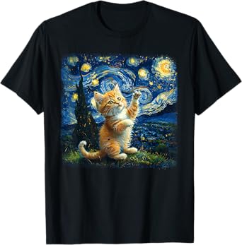 Cat Starry Night Van Gogh Cat Lover Mom Dad Men Women Kid T-Shirt