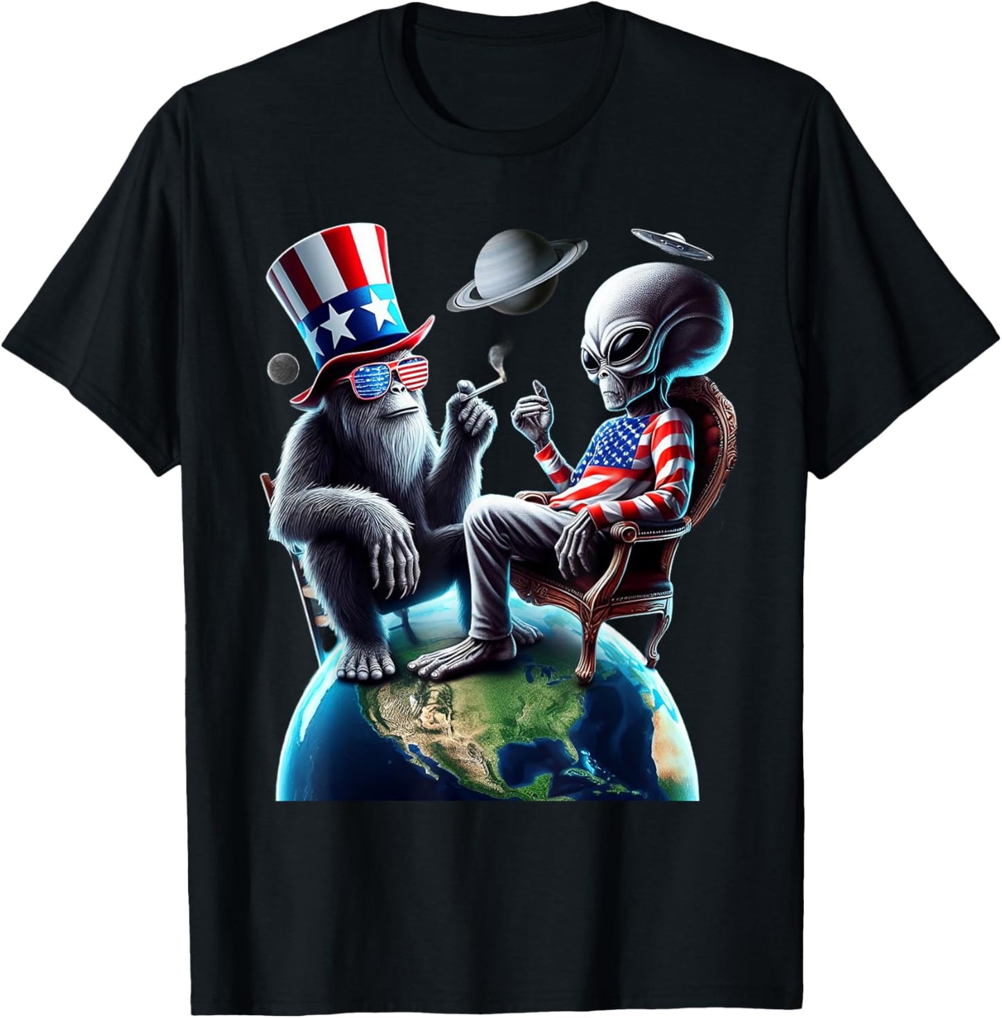 Patriotic Bigfoot Sasquatch Alien Space UFO 4th Of July T-Shirt