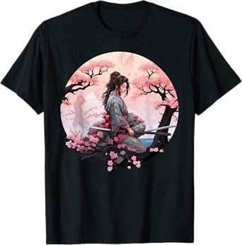 Japanese Samurai Girl Vintage Retro Sakura Cherry Blossom T-Shirt