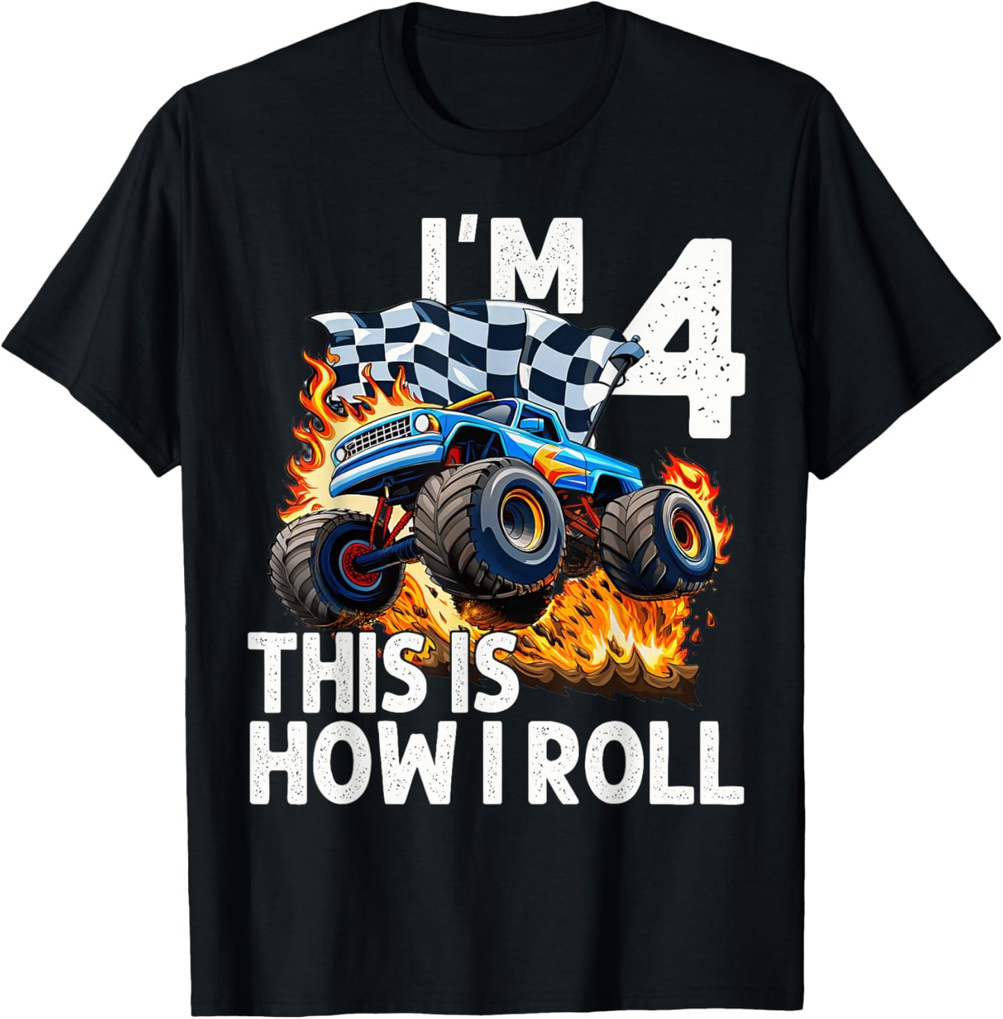 4th Birthday Boys Monster Truck Car Shirt I'm 4 This Is How I Roll Tee by TeeBrew