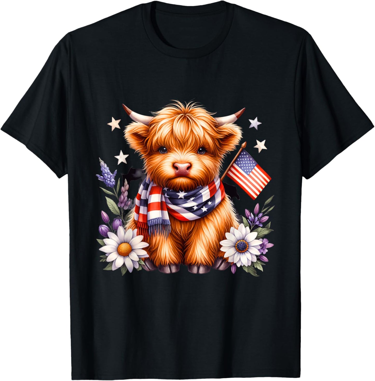 Cute Highland Cow Florals 4th Of July Usa Flag Patriotic Cow T-shirt